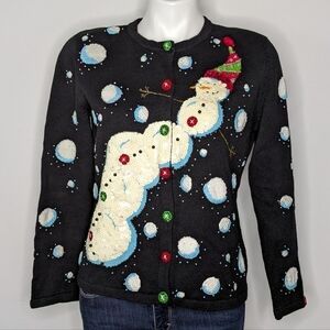 Vintage Berek black white snowman winter holiday Christmas cardigan sweater M